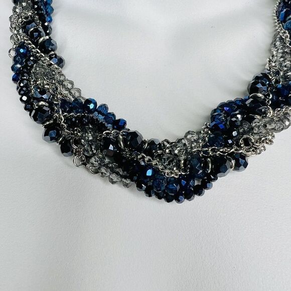 Vintage Necklace Midnight Blue Bling Multi Strand Faceted Beads Chain Wrap 1175 - Picture 6 of 11